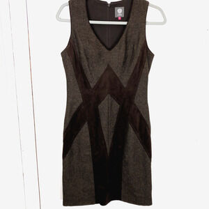 Vince Camuto Dress Suede Inlays Academia Professor Tweed Womens 4 V Neck Brown